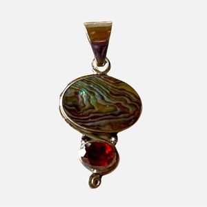 Sterling Silver Abalone w Garnet Pendant is New Old Stock with Heavier Sterling.